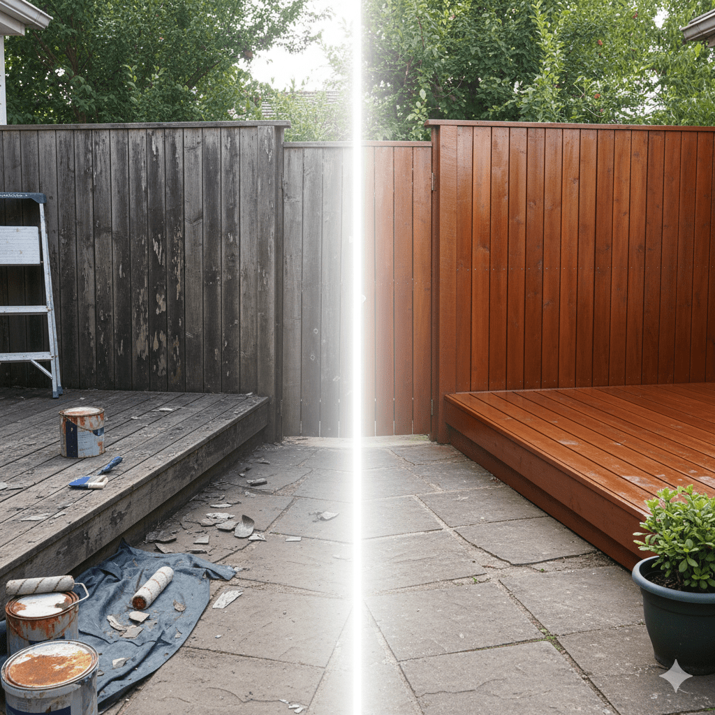 Before and after timber deck restoration with a refreshed wooden fence and clean finish.
