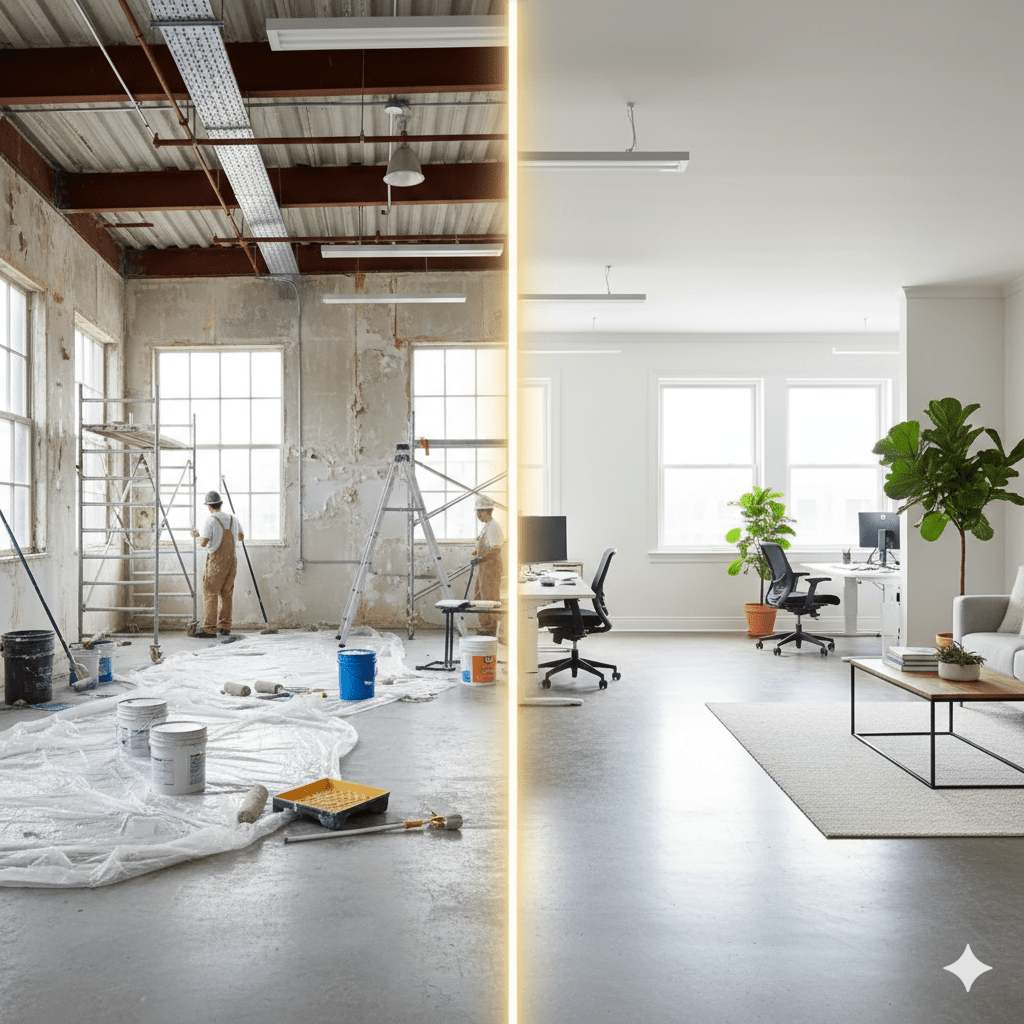 Before and after office space renovation showcasing a transformed, modern workspace.