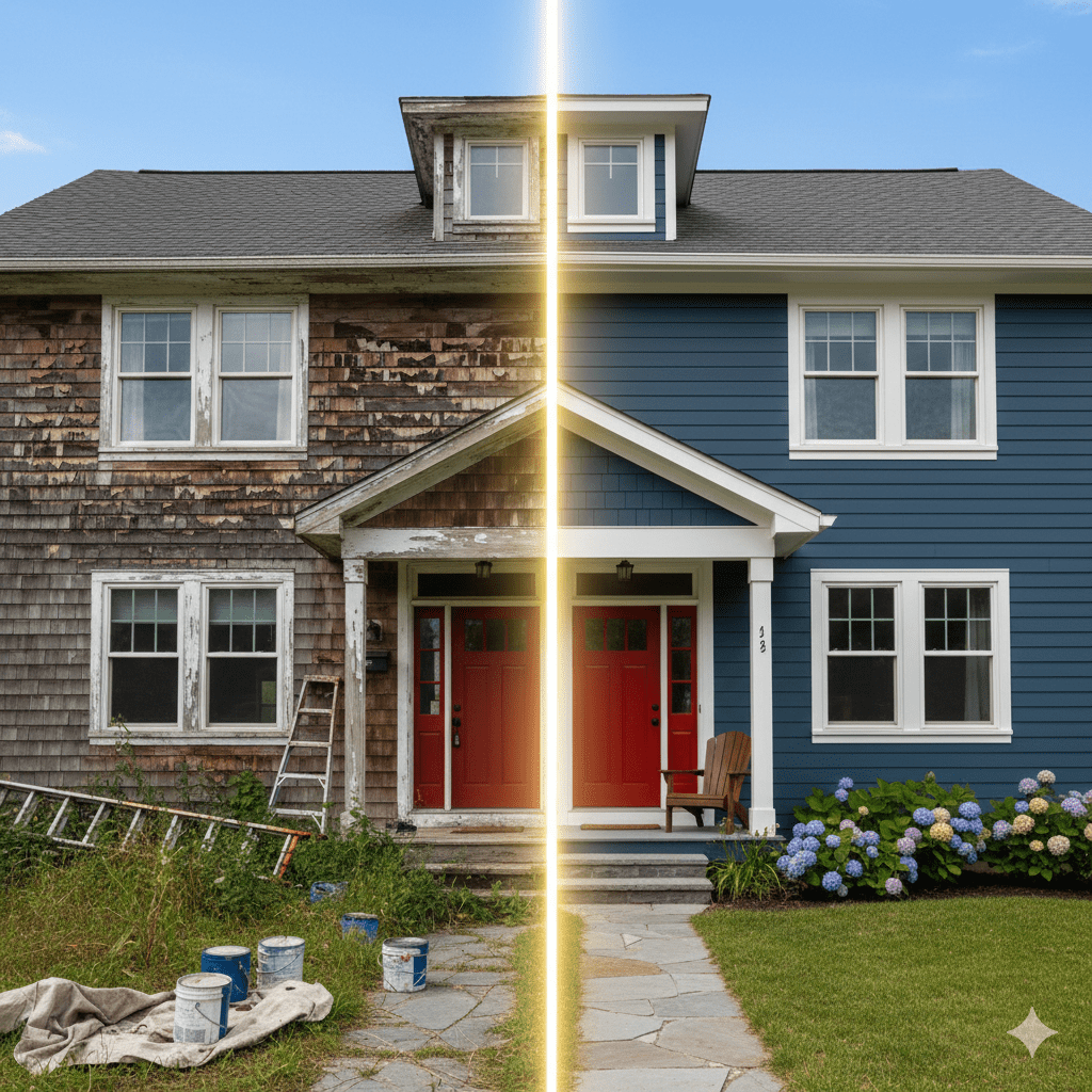 Before and after exterior house painting transformation with vibrant blue color and red doors.