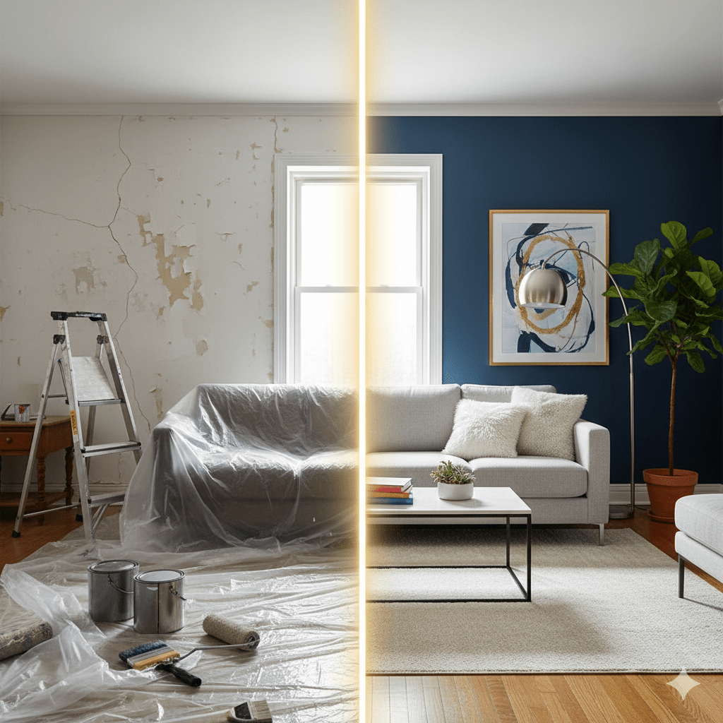 Before and after living room painting transformation with fresh blue accent wall and modern décor.