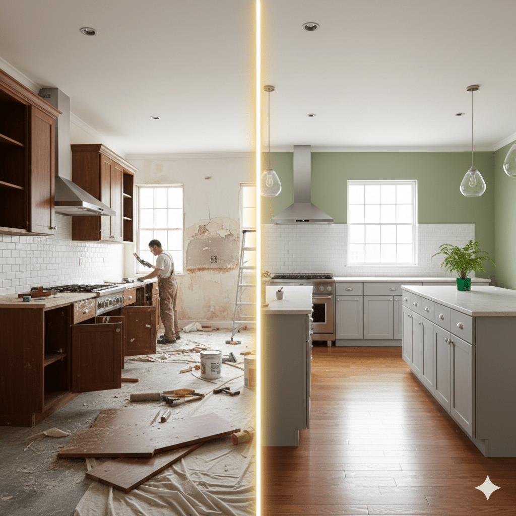 Before and after kitchen renovation showcasing a fresh, modern kitchen design with a green accent wall.